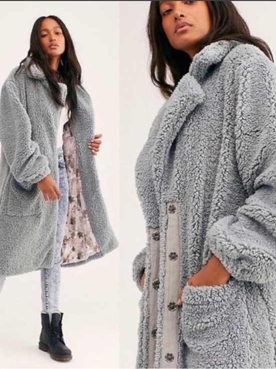 Free People Jackets & Blazers - Free People Size Small Tessa Dusty Blue Longline Teddy Coat